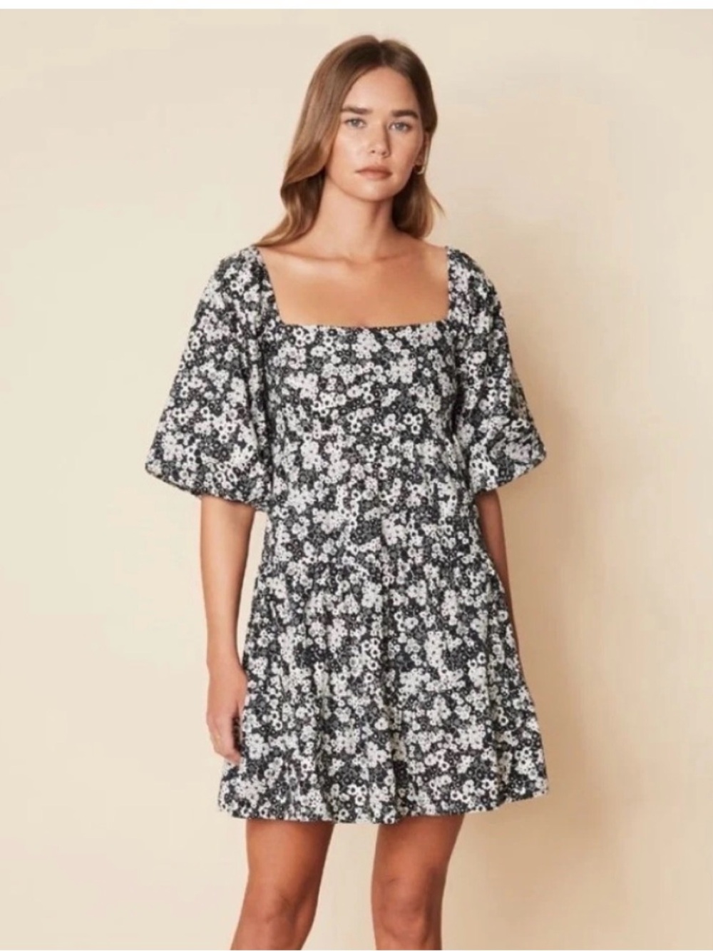 Black & White Floral Square Neck Mini Dress fathful the brand sz XL